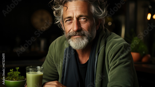 An older man in his 50s, dressed in modern attire, with gray hair, wrinkles, enjoys a smoothie to kick off the spring detox round