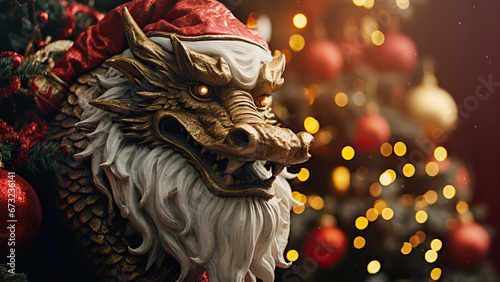 A photo was taken a dragon in a Santa Claus hat with Christmas gifts on the red background with bokeh with copy space.