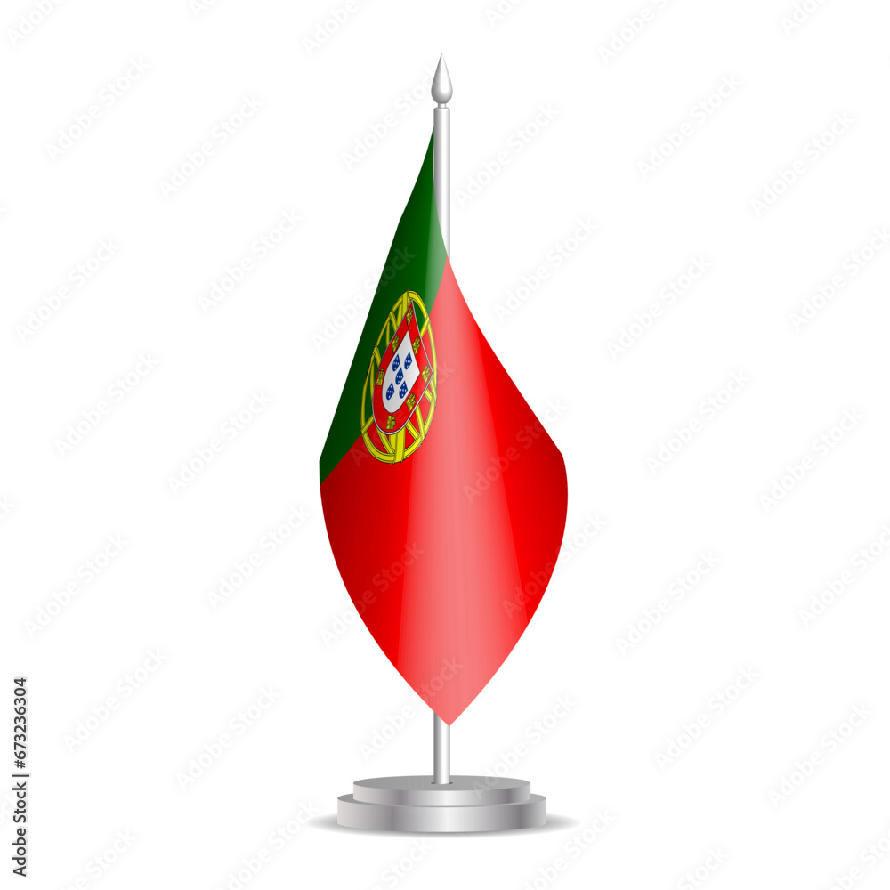 Obraz premium Portugal flag - 3D mini flag hanging on desktop flagpole. Usable for summit or conference presentaiton. Vector illustration with shading.