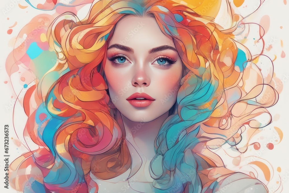 beautiful girl with long curly hair, bright and bright makeup. beauty face.beautiful girl with long curly hair, bright and bright makeup. beauty face.digital illustration of a beautiful woman with a r