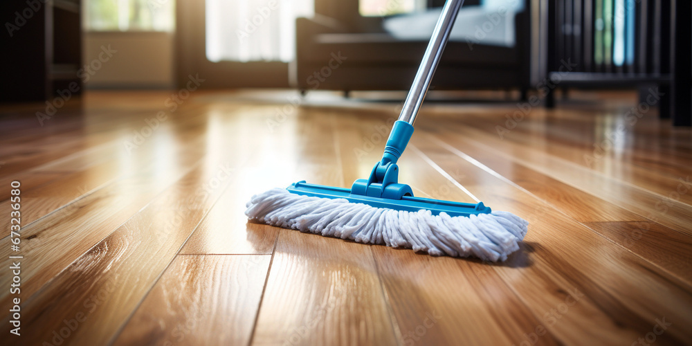 Close-up of a mop on a parquet floor in a room. Cleanliness and cleaning of the house - obrazy, fototapety, plakaty 