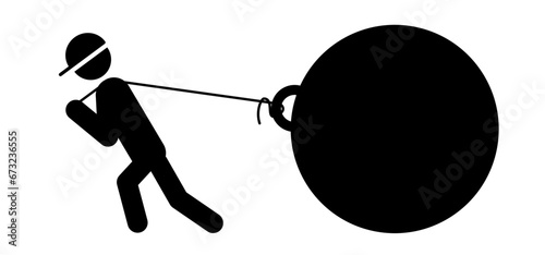 Man pulling weight. Stick figure man pulls a huge weight. Businessman twitch the big ball with rope. Person lifting or pull heavy burden. Huge large block. Heavy load, ragging a giant heavy weight.