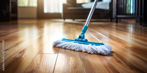 Close-up of a mop on a parquet floor in a room. Cleanliness and cleaning of the house photo
