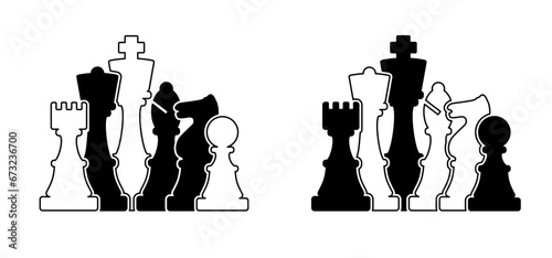Chess pieces tower horse bishop, king queen Chess Board Setup Vector icon or symbol pieces Flat style the starting positions figures pieces tournament strategy silhouette checker board. Square checker