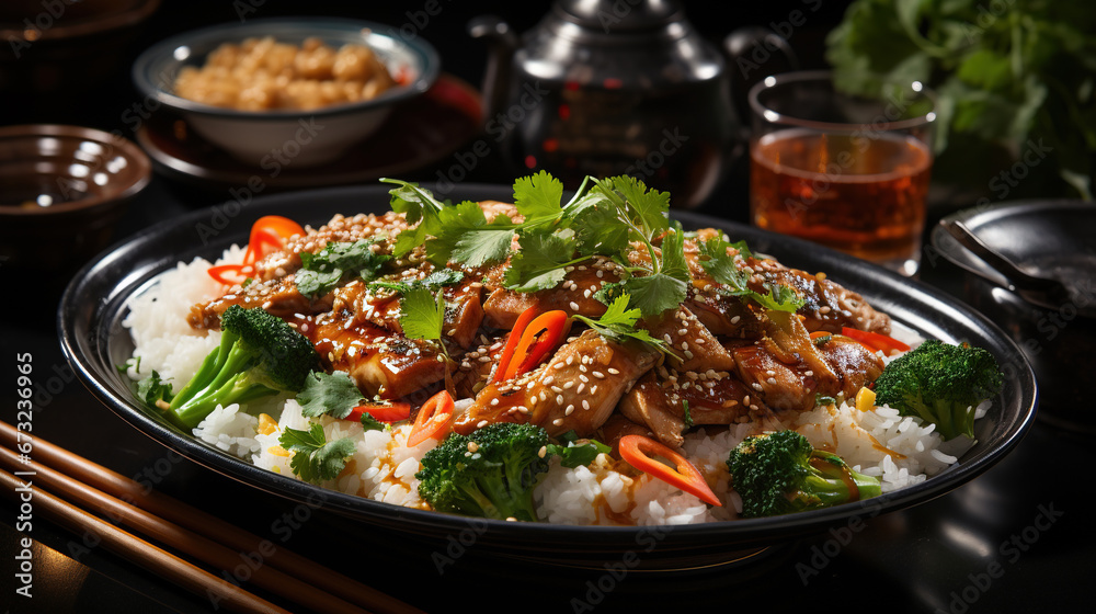 A Classic Dish Spicy Chicken Stir Fry on Blurry Background