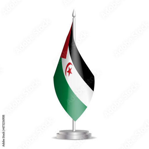 Sahrawi Arab Democratic Republic flag - 3D mini flag hanging on desktop flagpole. Usable for summit or conference presentaiton. Vector illustration with shading.
