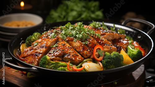 A Classic Dish Spicy Chicken Stir Fry on Blurry Background