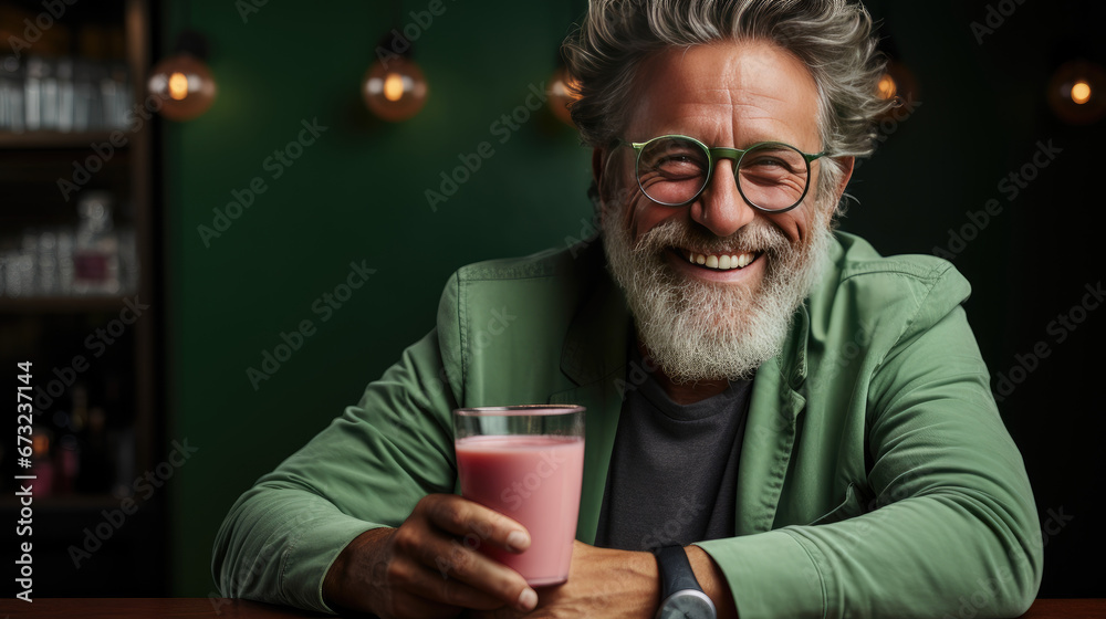 An older man in his 50s, dressed in modern attire, with gray hair, wrinkles, and glasses, enjoys a smoothie to kick off the spring detox round An older man in his 50s, dressed in modern attire, with gray hair, wrinkles, and glasses, enjoys a smoothie to kick off the spring detox round