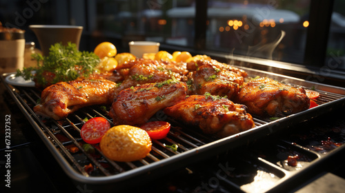 Chicken Legs and Wings on a Grill in Restaraunt Style on Blurry Background