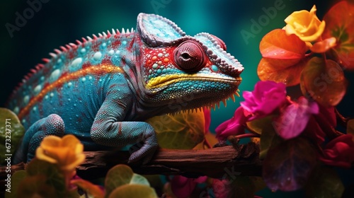 A chameleon subtly changing its colors while perched on a vibrant flower. © irfana