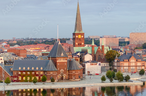 Aarhus, Denmark: Aerial view of waterfront with Aarhus cathedral and historical building Toldboden