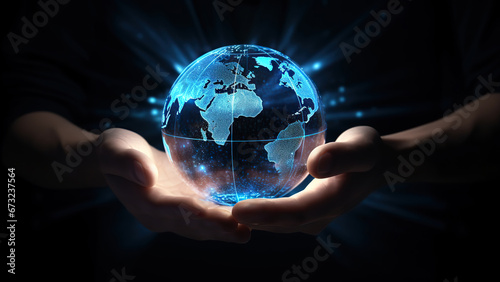 Hand holding touching glowing blue earth hologram on dark black background. Business and innovative technology concept. 