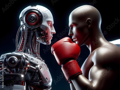 Robot and human face to face in fighting pose wearing boxing glove photo