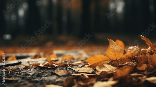Horizontal autumnal view of red leaves fallen on the ground in a forest AI generated