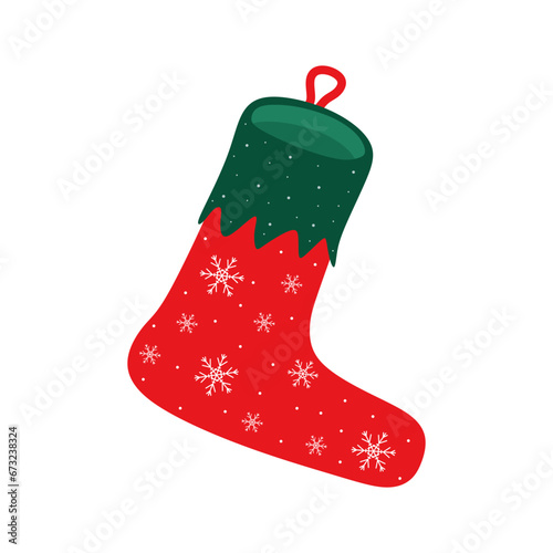 New year's socks for christmas decoration. Red christmas stocking with snowflakes in flat style. Colorful christmas and new year socks isolated on white background. Holiday vector illustration