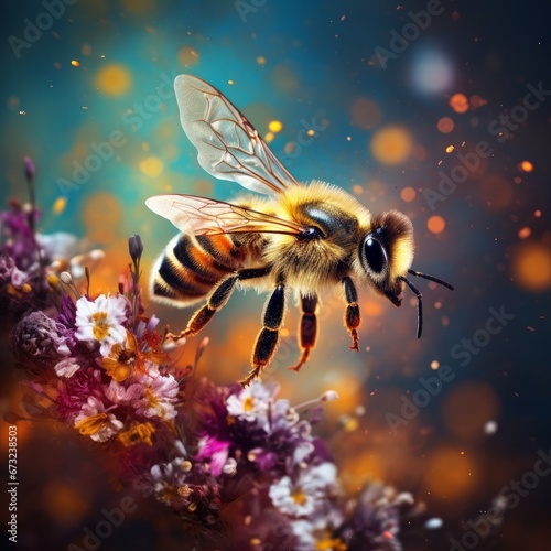 A beautiful bee is flying, alone on colorful background  © Hokmiran