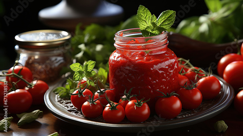Organic Fresh Tomato Paste with Tomatoes and Leaves on Bowl Background Defocused