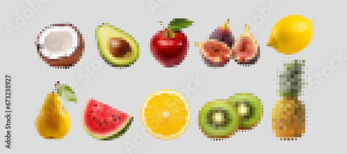 Fresh fruits are filled with healthy vitamins and minerals. Assortment of fruits to quench hunger and thirst. Piece of coconut near avocado and apple. Organic fig or pear with orange