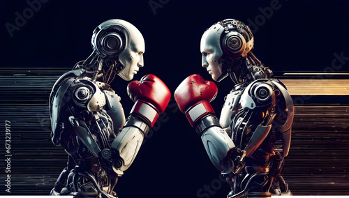 Two robots face to face wearing boxing gloves photo