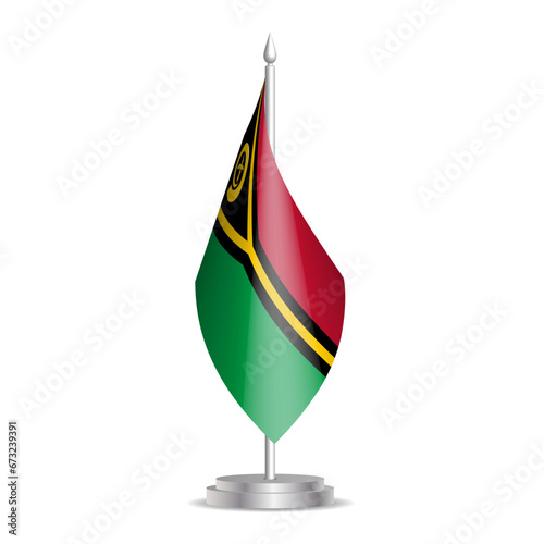 Vanuatu flag - 3D mini flag hanging on desktop flagpole. Usable for summit or conference presentaiton. Vector illustration with shading.