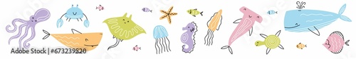 Horizontal collection of funny sea creatures, hand-drawn in the style of doodles