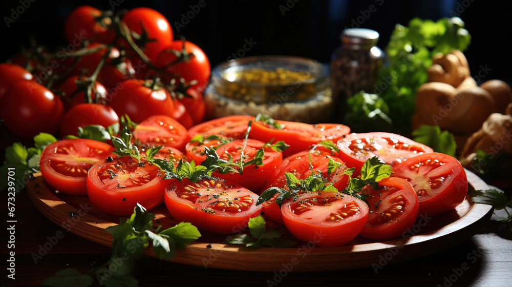 Red Tomatoes and Slices plates Background Defocused Red Tomatoes and Slices plates Background Defocused