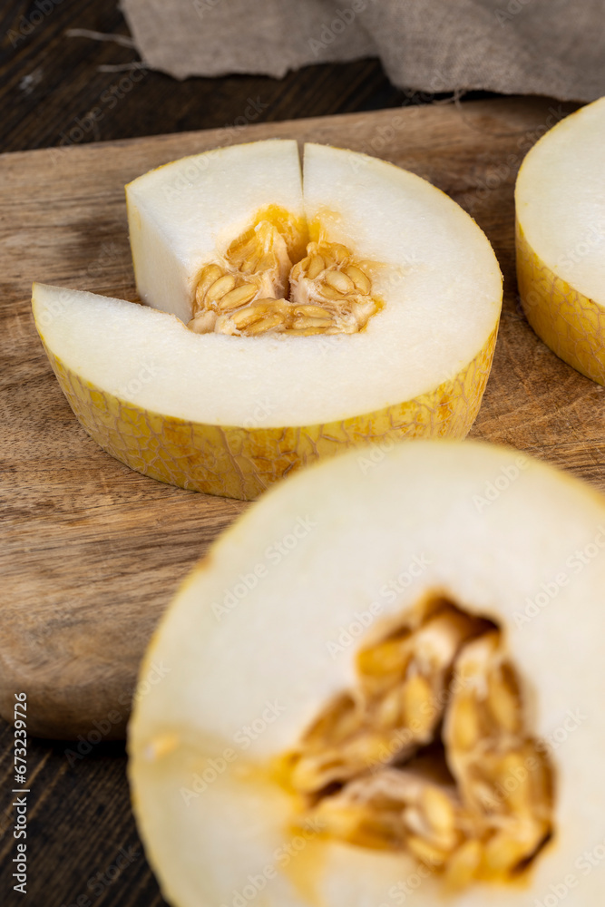 sliced sweet light yellow melon, close-up sliced sweet light yellow melon, close-up