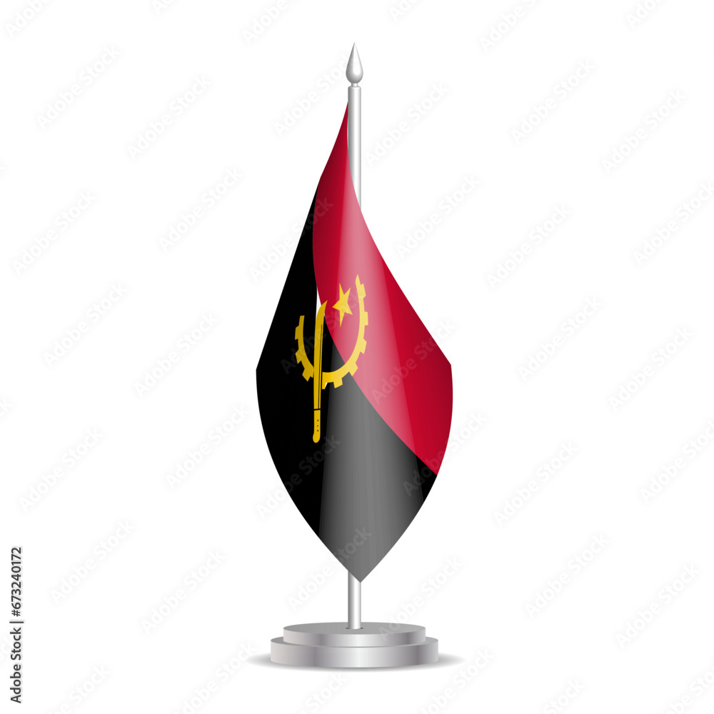 Obraz premium Angola flag - 3D mini flag hanging on desktop flagpole. Usable for summit or conference presentaiton. Vector illustration with shading.
