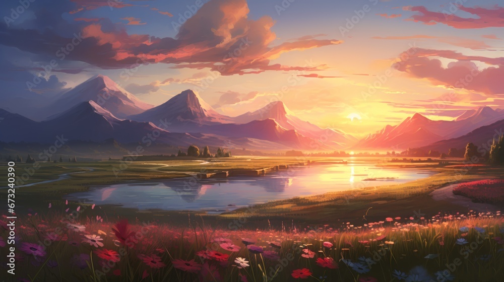 Beautiful landscape background. Cartoon summer sunrise with clouds, field and sunshine. Anime style