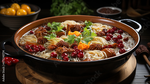 Chinese Soup with Red Dates Codonopsis Pilosula Licorice on Blurry Background photo