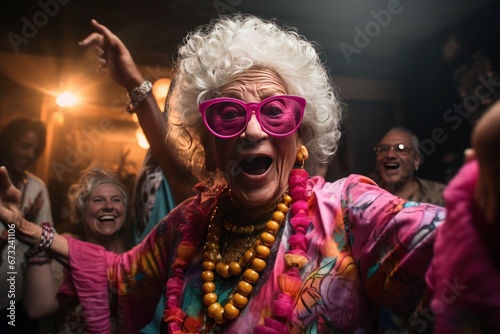 A senior woman with silver, curly hair, a stylish updo, glasses, and beaded necklaces dances among a crowd of friends.