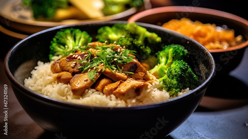 Coconut Rice Served in a Bowl Topped with Steamed Broccoli and Garlic Chicken Selective Focus Background