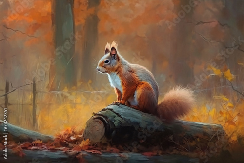Red squirrel sitting on fallen tree trunk. Autumn forest and beautiful fall colors. Digital painting.