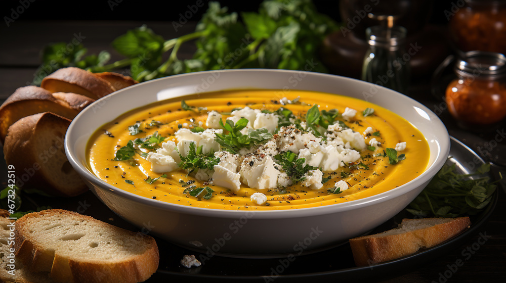 A Comforting Bowl of Pumpkin Soup on Selective Focus Background