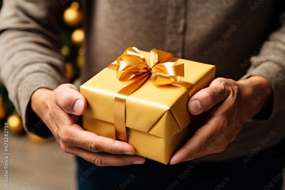 Young man holding gift with gold ribbon. Closeup.