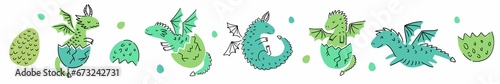 Horizontal collection of cute dragons hand-drawn in the style of doodles