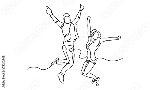 Continuous line drawing of Happy jumping couple. Continuous line drawing. Vector illustration. The concepts of happiness and freedom are isolated on a white background. 