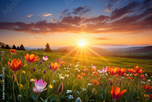 Colorful spring sunrise in the meadow