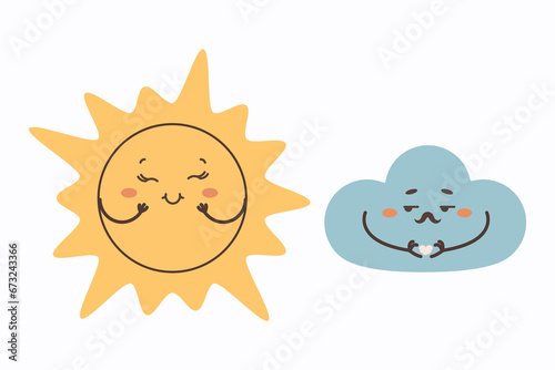  Weather cartoon character cloud and sun embrace flirting