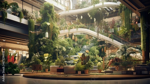 A dedicated area for houseplants within a large mall, tiers of potted ferns and succulents transforming it into an urban jungle.