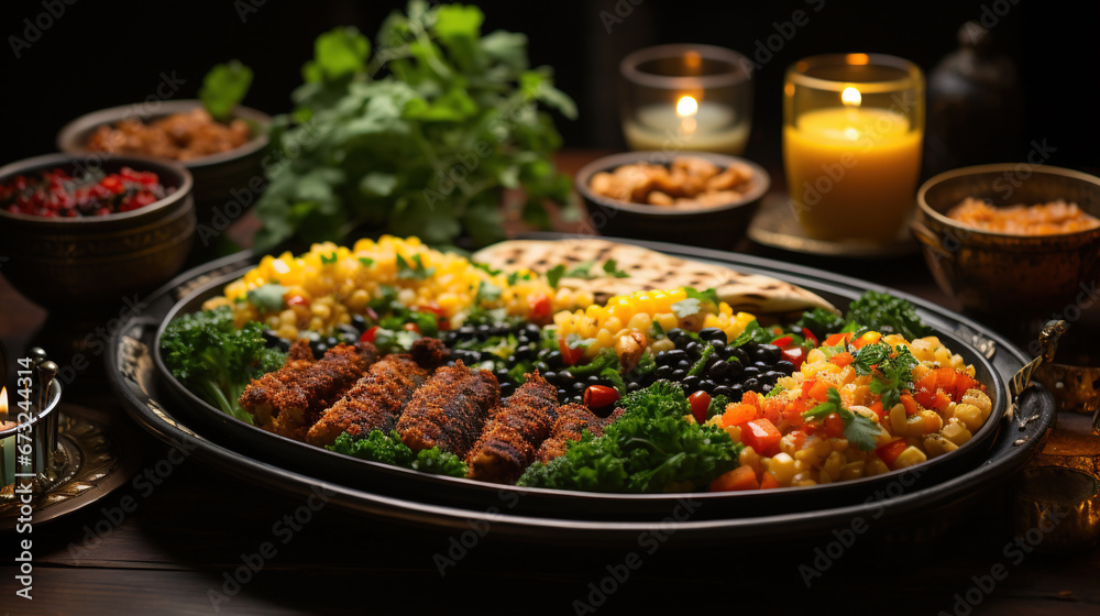 Obraz premium Assorted Dishes of Arabic Cuisine Middle Eastern Traditional Lunch Selective Focus Background