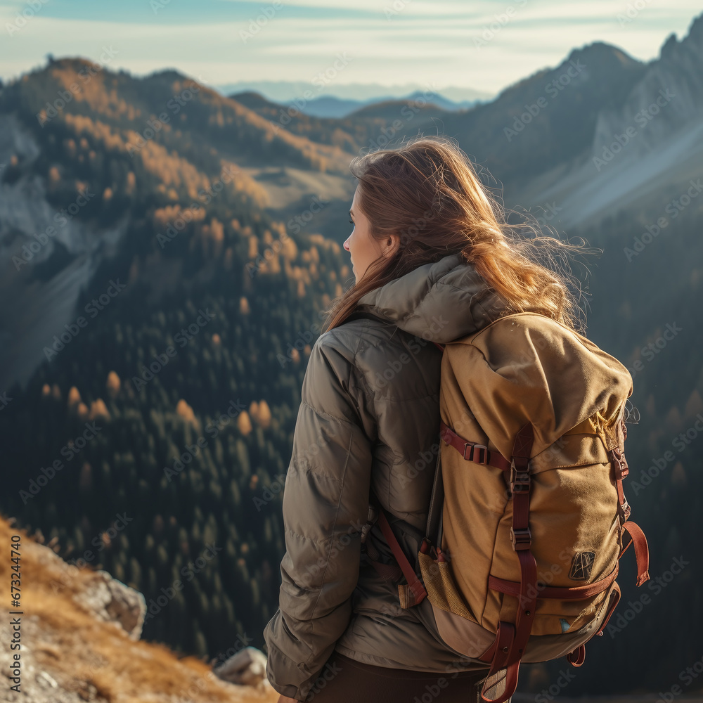 A woman with a backpack looking at the mountain