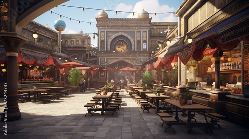A food court designed to mimic a traditional marketplace, featuring vendor stalls with ornate signage.