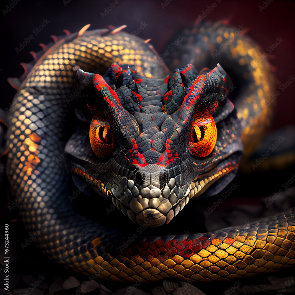 Majestic Serpent: Snake with Dragon Horns and Black Scales Stock ...