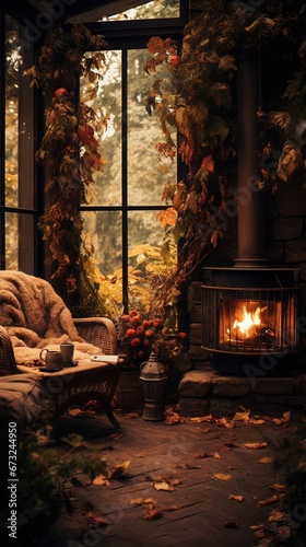 Fireplace with christmas decoration. AI generated art illustration. © Дима Пучков