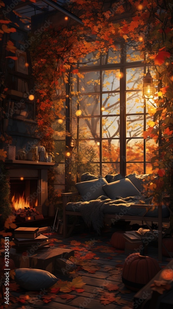 Fireplace with christmas decoration. AI generated art illustration.