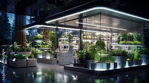 A futuristic home automation store, displaying voice-activated lighting and self-watering plant systems.