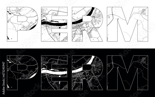 Perm City Name (Russia, Europe) with black white city map illustration vector