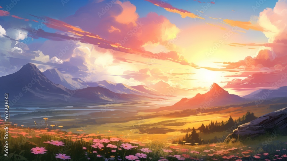 Beautiful landscape background. Cartoon summer sunrise with clouds, field, mountain and sunshine. Anime style