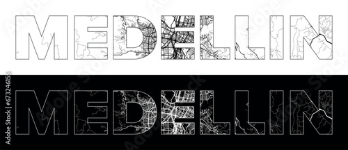 Medellin City Name (Colombia, South America) with black white city map illustration vector